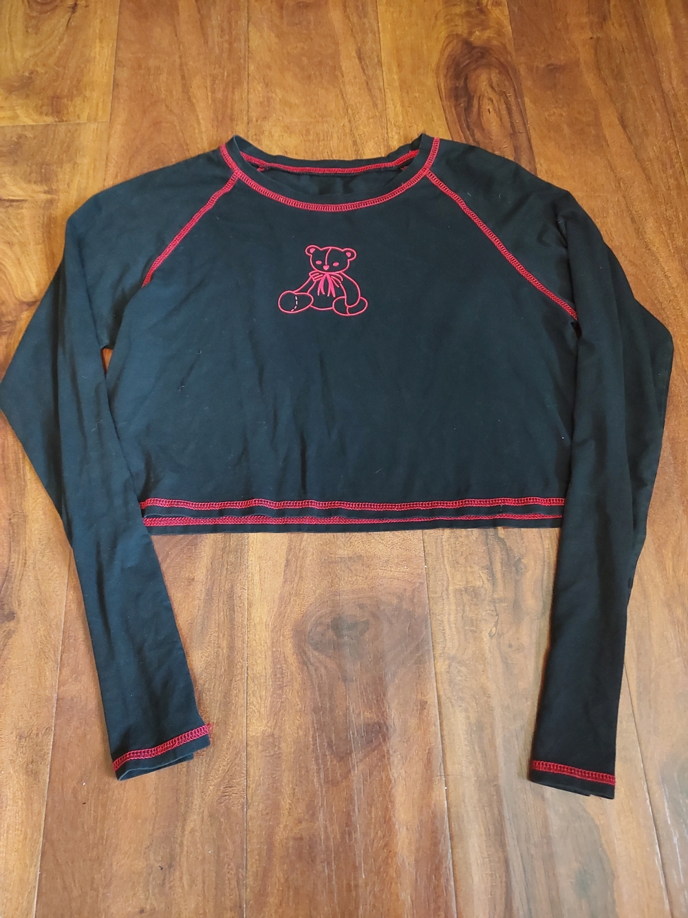 Black Crop Top with Red Stitching and Teddy Motif